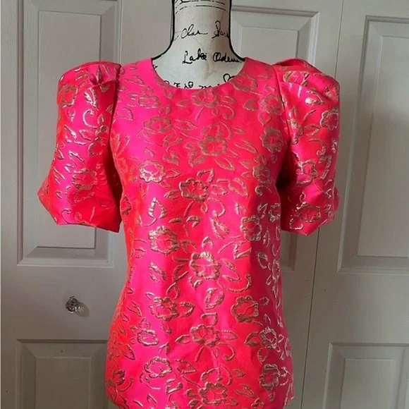 Lilly Pulitzer Pink Gold Puff Floral Brocade Embellished Blouse - Picture 3 of 7